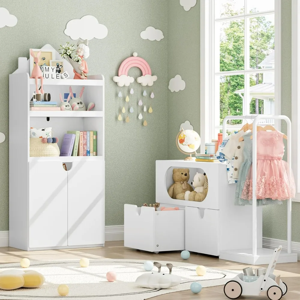 Toy Storage Organizer with Clothes Rail, Combination Type Kids Bookshelf and Bookcase  Box with Wheels, Toddler Bookshelf