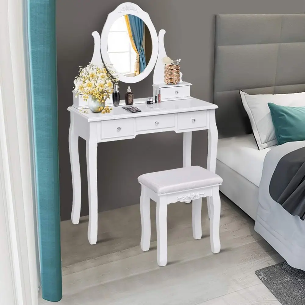 Vanity Set with Oval Mirror & Cushioned Stool, Makeup Dring Table Large Storage with 5 Ders, Mirrored Bedroom Vanities Makeup Ta