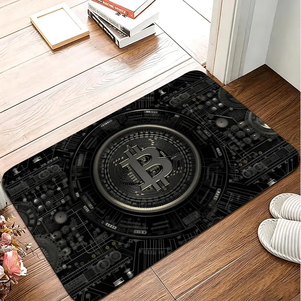 Golden Bitcoin Art Floor Mat Flannel Rug Soft Non Slip Washable Door Mat For Bathroom Bedroom Kitchen Home Decor
