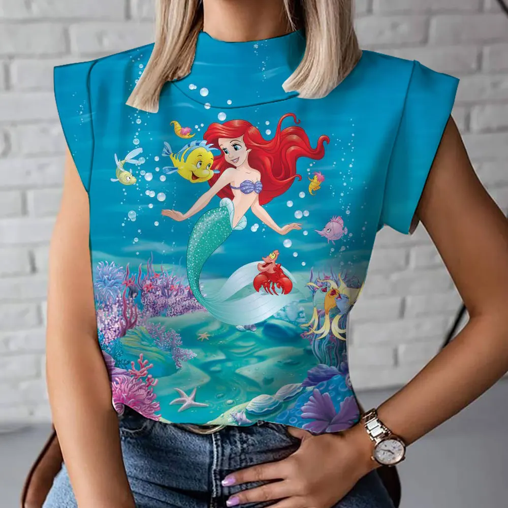 2024 Hot Selling New Summer Trend Versatile Ariel Mermaid Anime Harajuku Street Print Women's Turtle Neck T-Shirt Fashion Vest