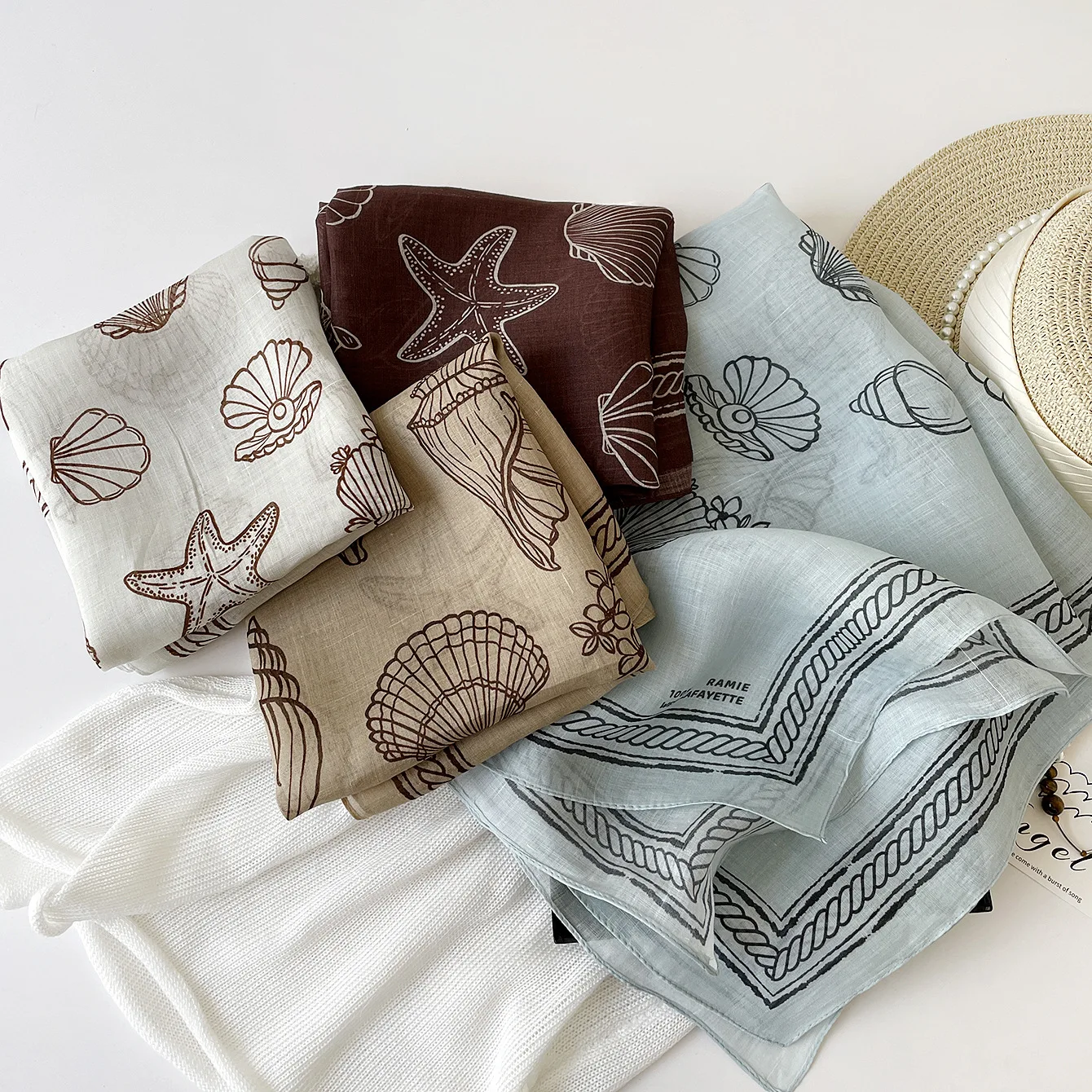 Women 100% Ramie Square Scarf Ocean Seashell Starfish Print Bandana Japanese Style Summer Beach Neck Head Scarf