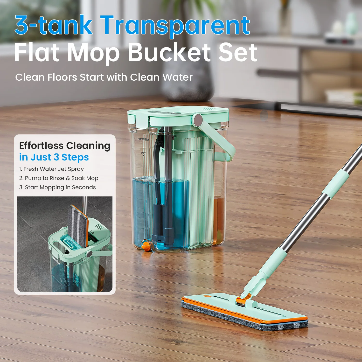 Mopa Plana de Microfibra con Sistema de Escurrido sin Manos y Cubo, para una Fácil Separación de Agua Limpia y Sucia, Mopa Doméstica Duradera para Limpieza de Suelos