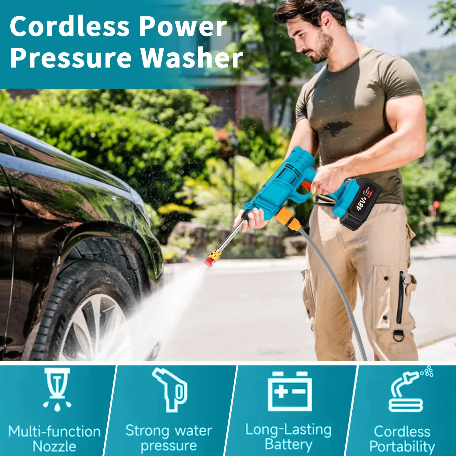 Nettoyeur haute pression sans fil 21V 50Bar, pistolet à eau pour voiture, 4 L/min, machine de nettoyage, lavage de sol de voiture, pour batterie Makita 18V