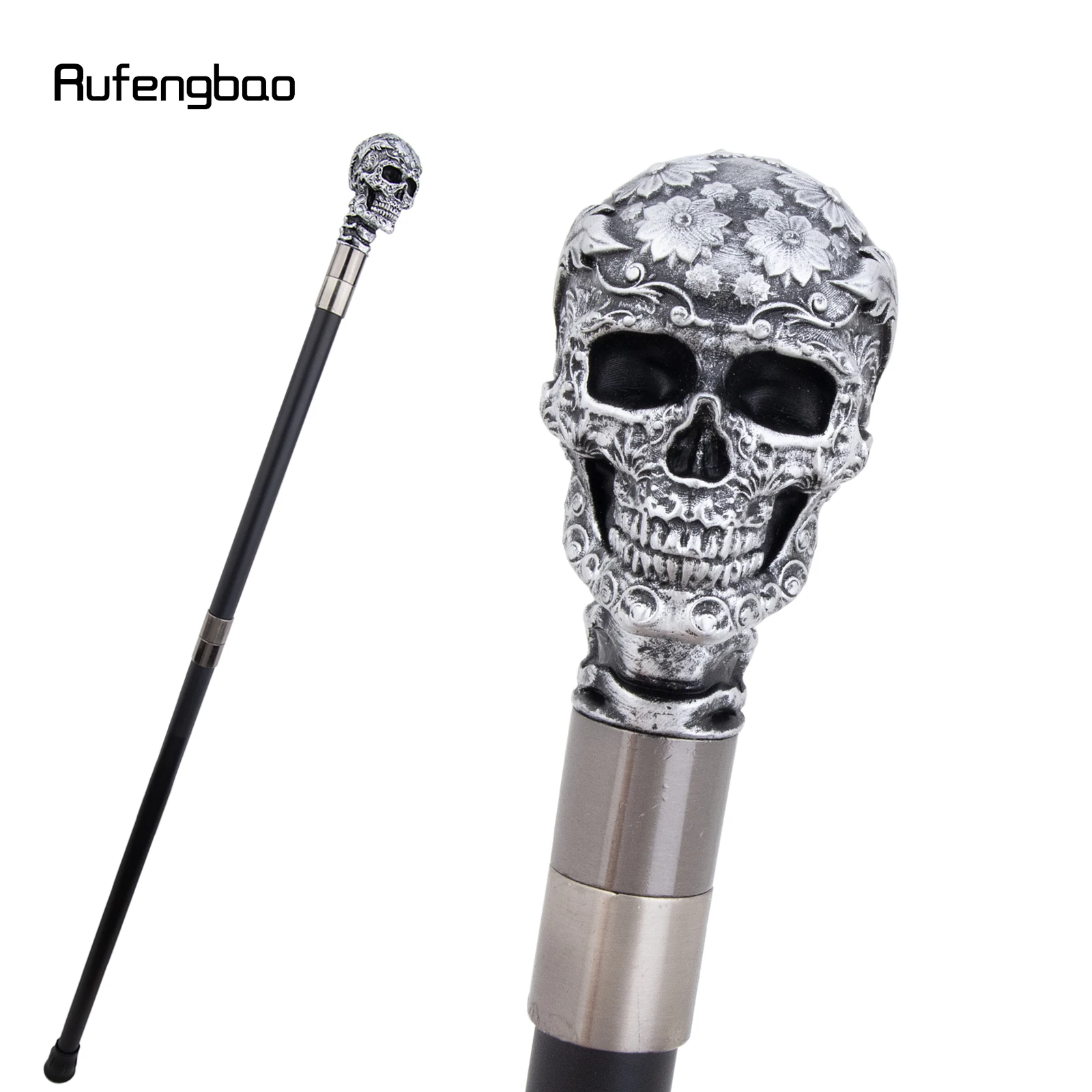 Silver Resin Rose Flower Skull Head Cane Decorative Cospaly Cane Halloween Mace Wand Crosier Performance Stage Cane 94cm