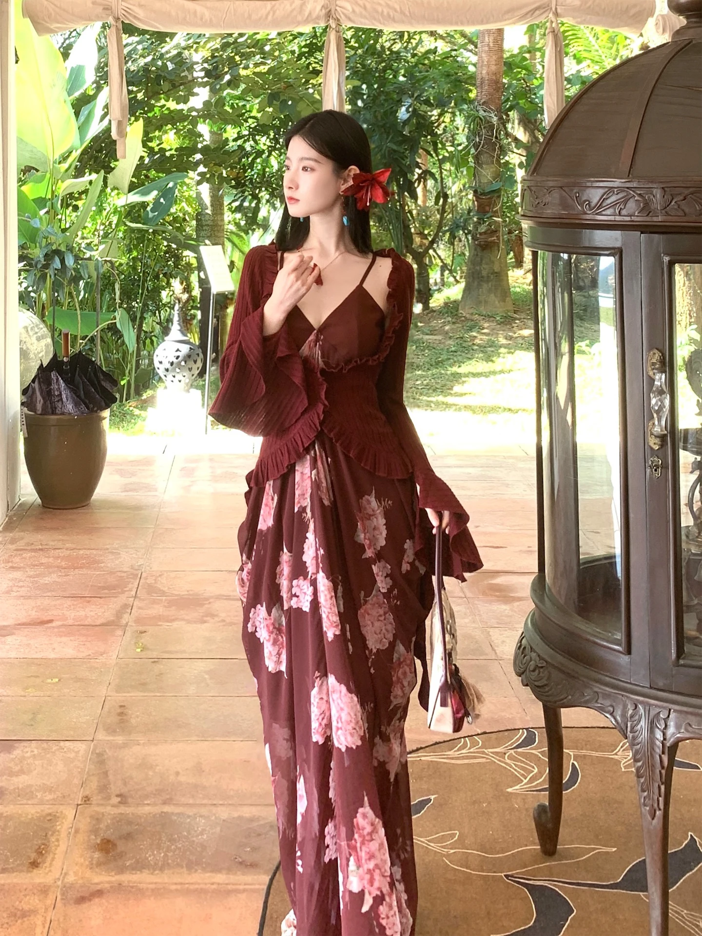 

Walkink Skin-friendly Elastic Bell Sve Red Knitted Wood ain Cardigan Spring Summer Women's Polyester Fiber Coat