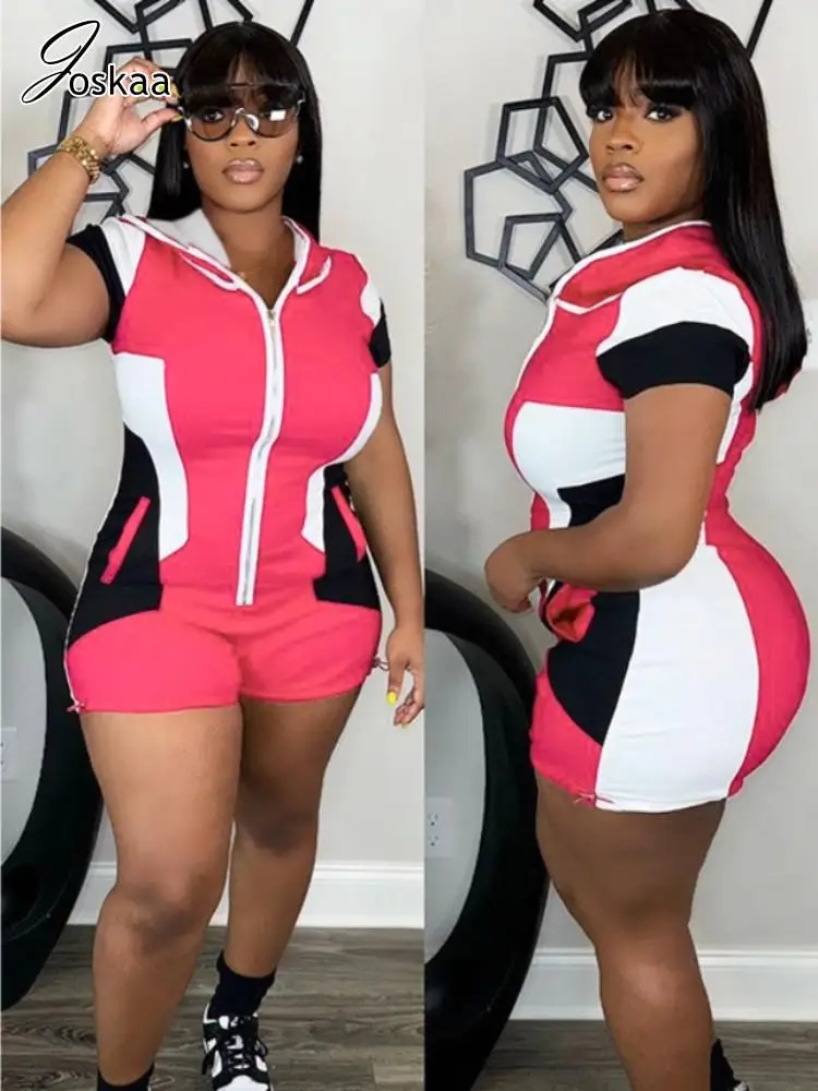 Joskaa Contrast Patchwork Zip Hooded Sports Jumpsuit Shorts Women Short Sleeve Body-Shaping Playsuits 2025 Workout Outfits