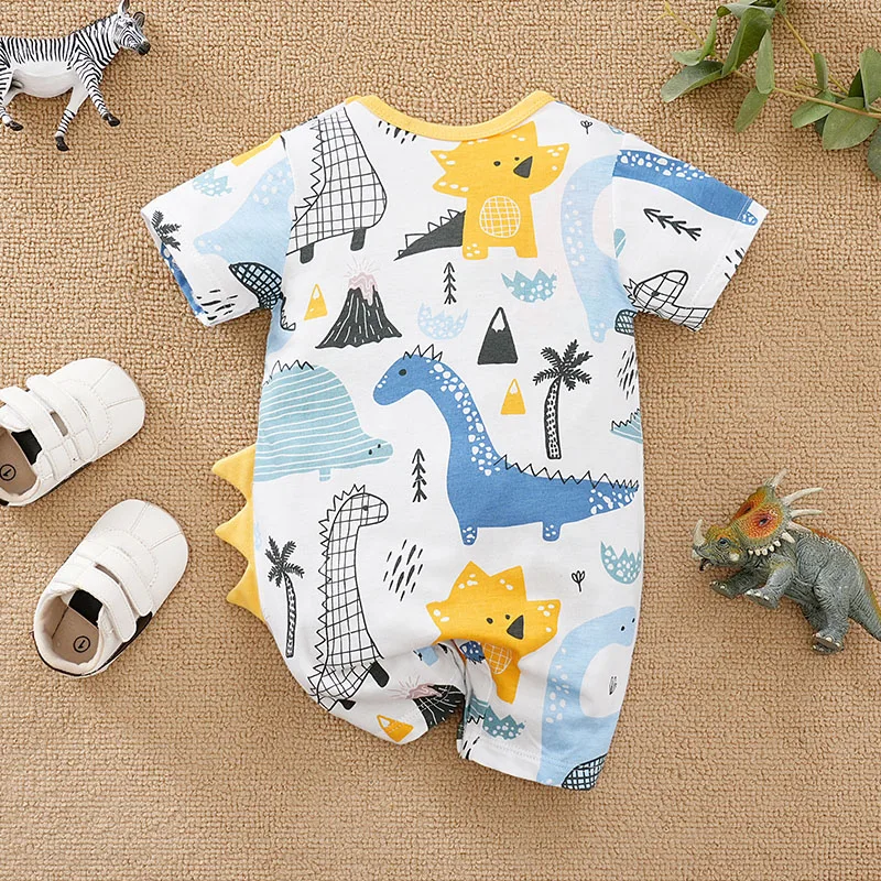 Summer Boys And Girls Cute Cartoon Dinosaur 3d Printed Cotton Comfortable Short Sleeve Bodysuit