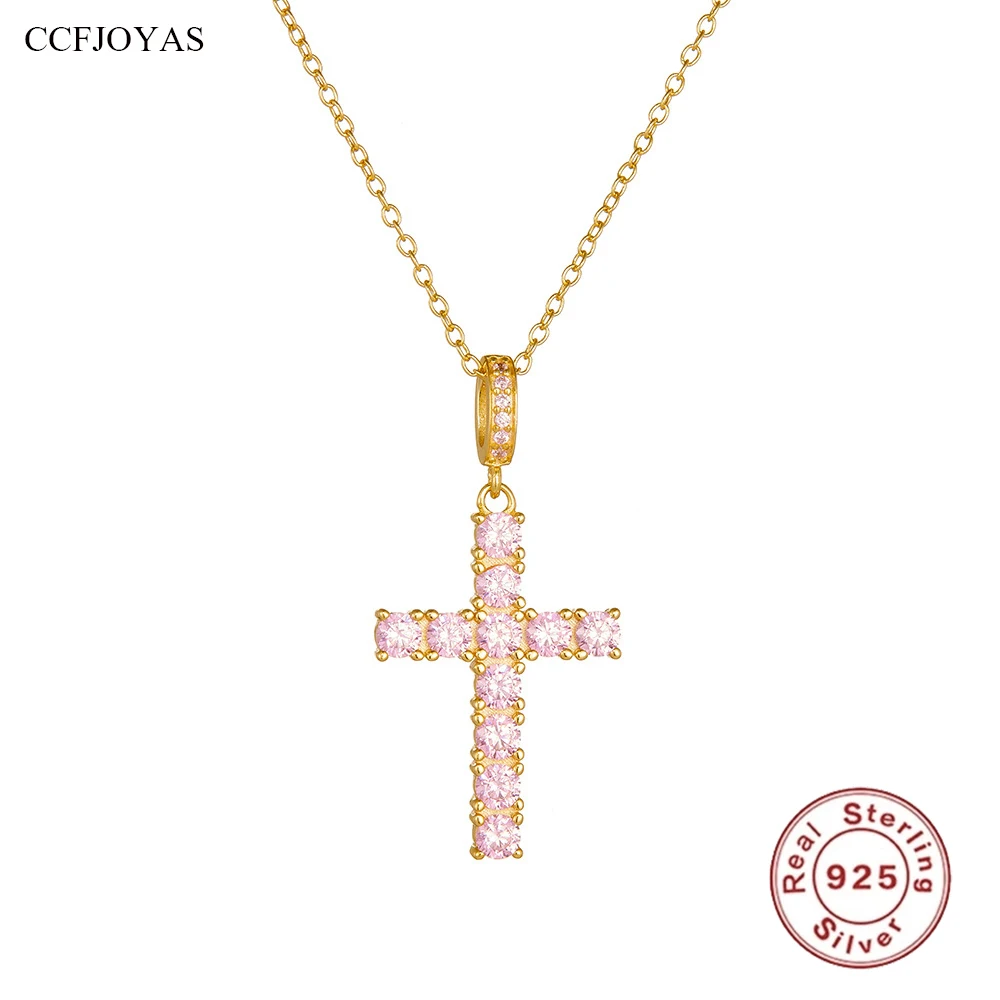 

CCFJOYAS European and American Hip-Hop 925 Sterling Silver Cross Necklace Pink Color Zircon Cross Pendant Necklace for Women