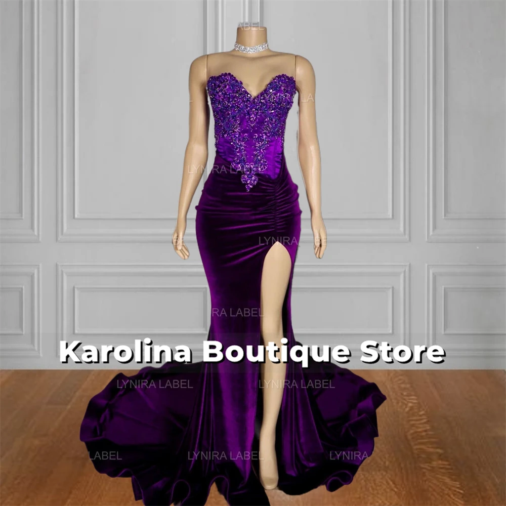 Strapless Dark Purple Velvet Mermaid Prom Dresses High Split Crystal Beading 2024 Birthday Luxury Dress Black Girls Customized