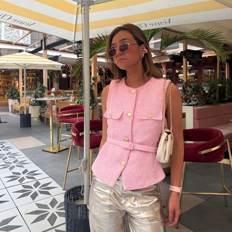 أزياء مع صدرية حزام للنساء الربيع س الرقبة أكمام واحدة الصدر ضئيلة سترة عارضة الإناث ملابس خارجية أنيقة أعلى