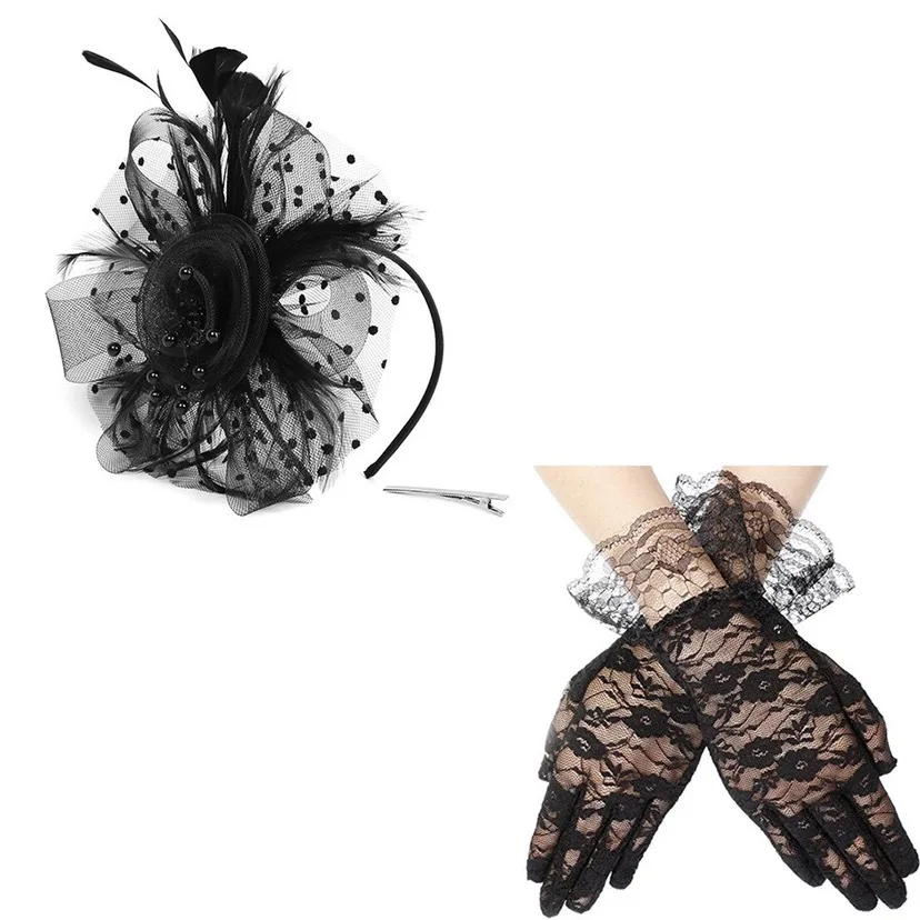 

Bowknot Flower Top Hat Tea Party Hat Feathers Mesh Headband and Gloves