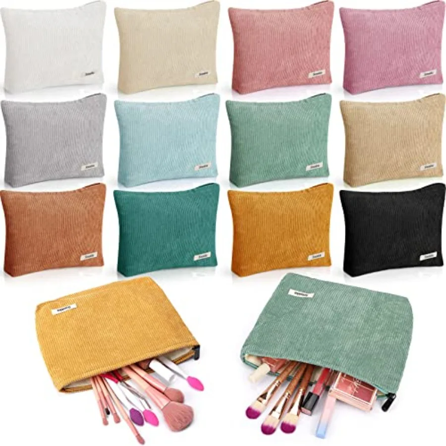

12 Pieces Corduroy Makeup Bag Large Cosmetic Bag 10 x 7 Inches Zipper Storage Makeup Pouch Velvet Travel Toiletry Bag Brushes A