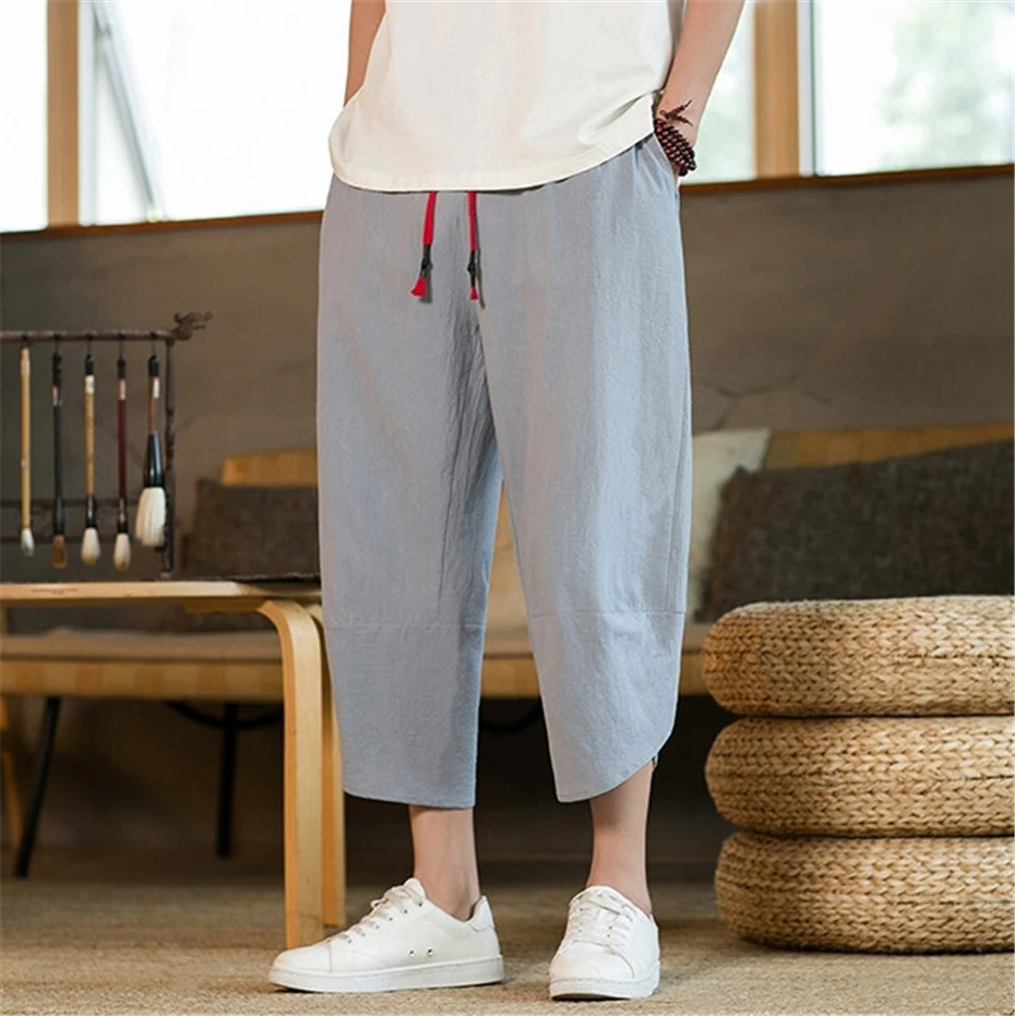 Large Size Harem Pants Men Harajuku Summer Thin Cotton Linen Pencil Pant Vintage Elastic Waist Calf Length Pants Male