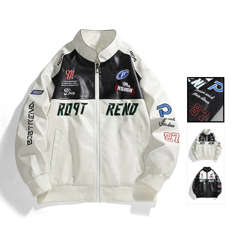 American-style modular racing suit with PU leather jacket for men. Trendy motorcycle jacket with a loose stand-up collar. Street