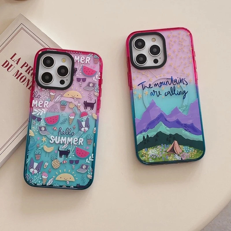 Star Sign Summer Cat Colorful Border 2.5 Acrylic Magnetic Phone Case Cover for IPhone 13 14 15 16 Pro Max Case