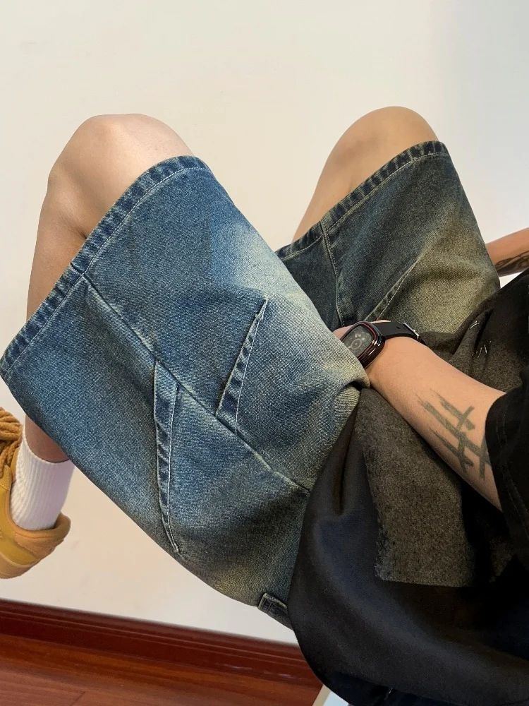 

Waed Vintage Men's Denim orts Summer American High Street Straight Loose Five-Quarter Length Mid-Waist Jeans orts