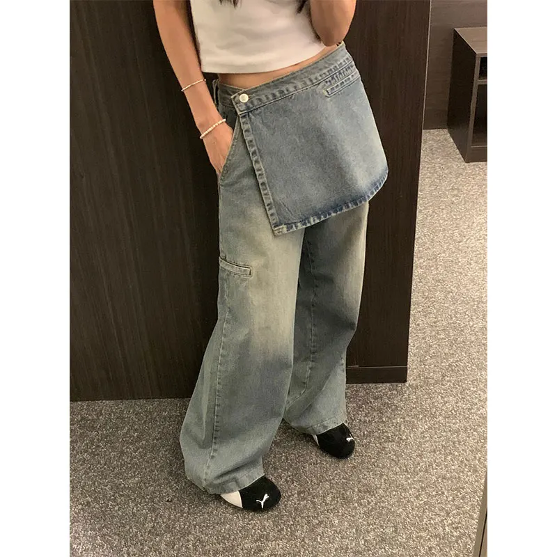 

Retro Faded Denim Overalls Women's Detachable Waist Apron High Waist Wide Leg Floor-Length Pants Casual Blue Jeans