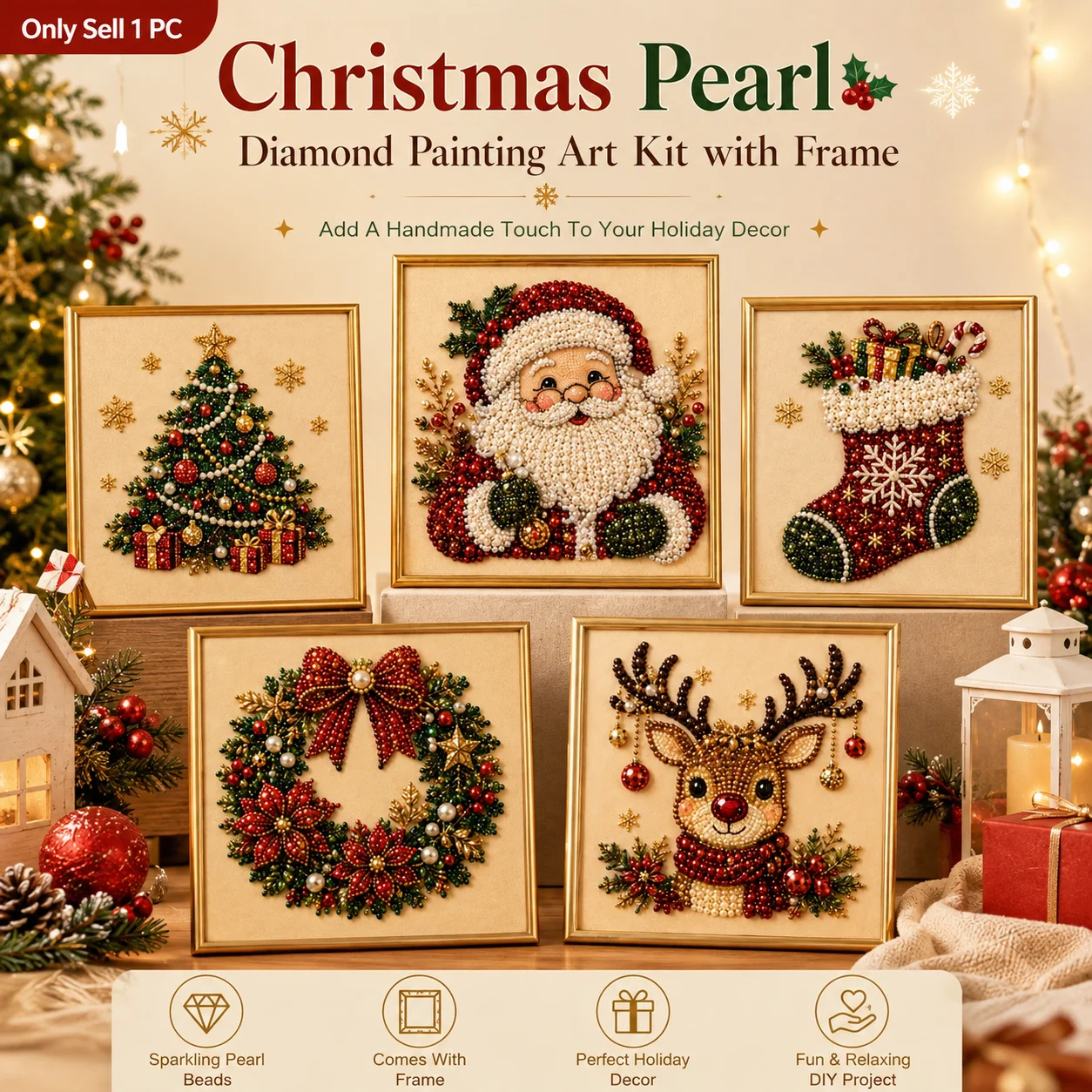 DIY Christmas Pearl Diamond Painting Art Kit with Frame, 3D Pearl Beads Wall Art, Handmade Decor for Adults, Beginners