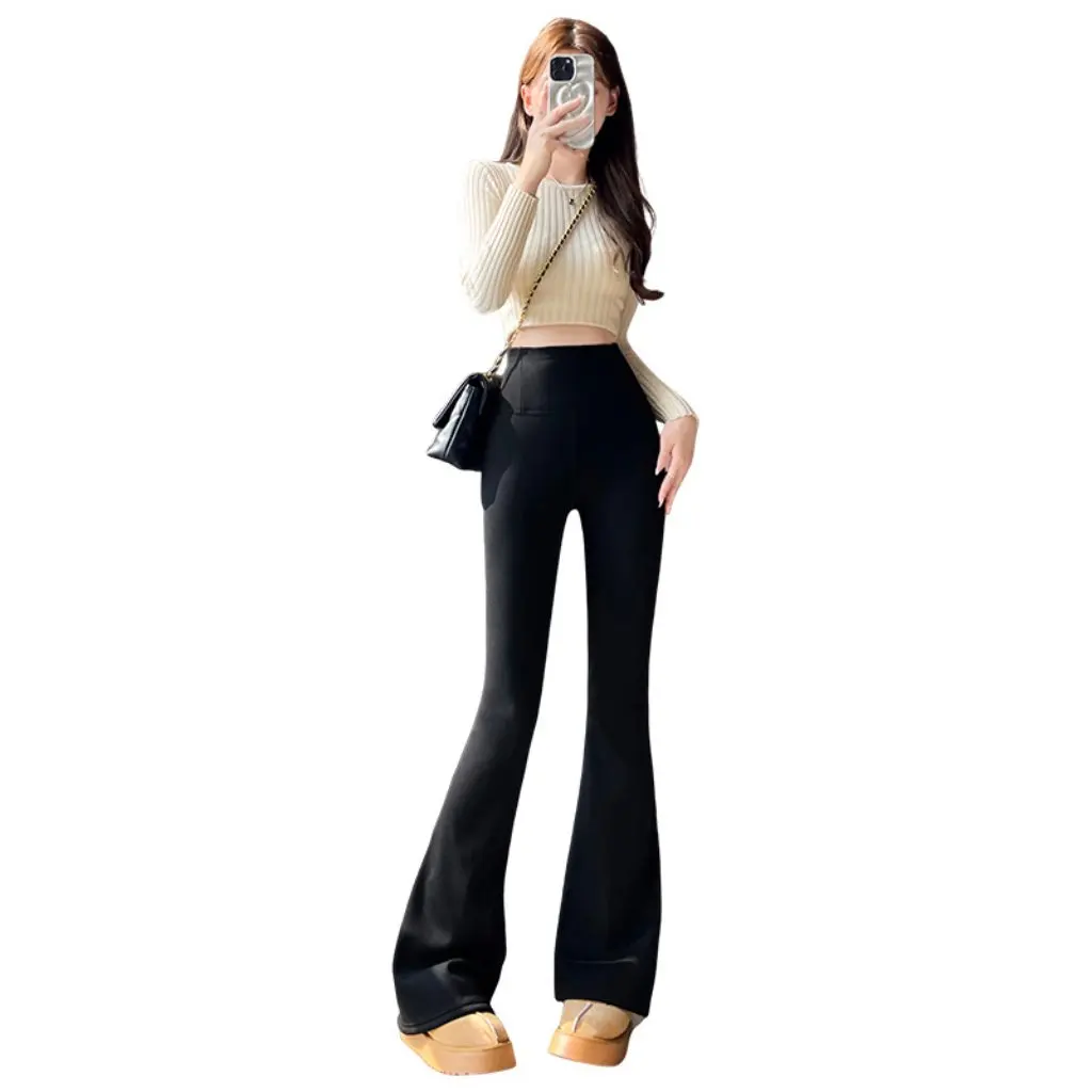 

Women's High-Waisted Shark Bell-Bottom Pants Fleece-Lined Micro-Flared Yoga Leggings Tight-Fitting Spring Autumn Outer Wear
