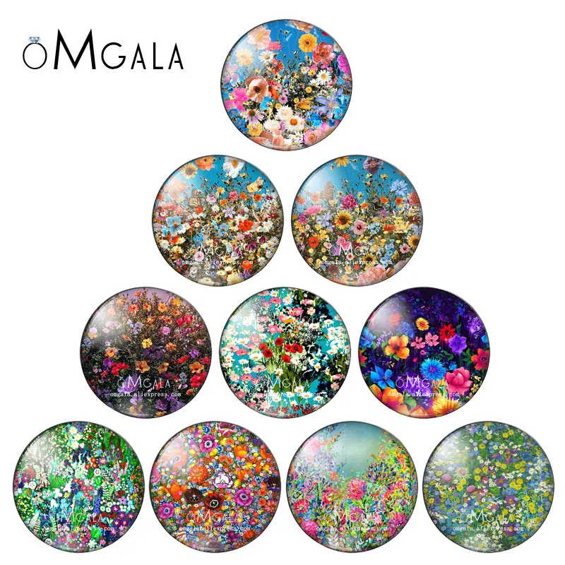 

Fashion Flower Oli Paintings Art Pattern 10pcs 10mm 12mm 14mm 20mm 25mm Handmade Photo Glass Cabochons DIY Making Accessories