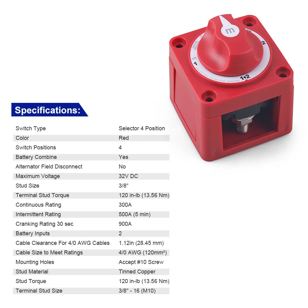 단일 듀얼 M 시리즈 해양 보트 매스 스위치 컷 배터리, 헤비 듀티 아이솔레이터, 분리 로터리, 32V, 300 Amp, 3 포지션, 4 포지션