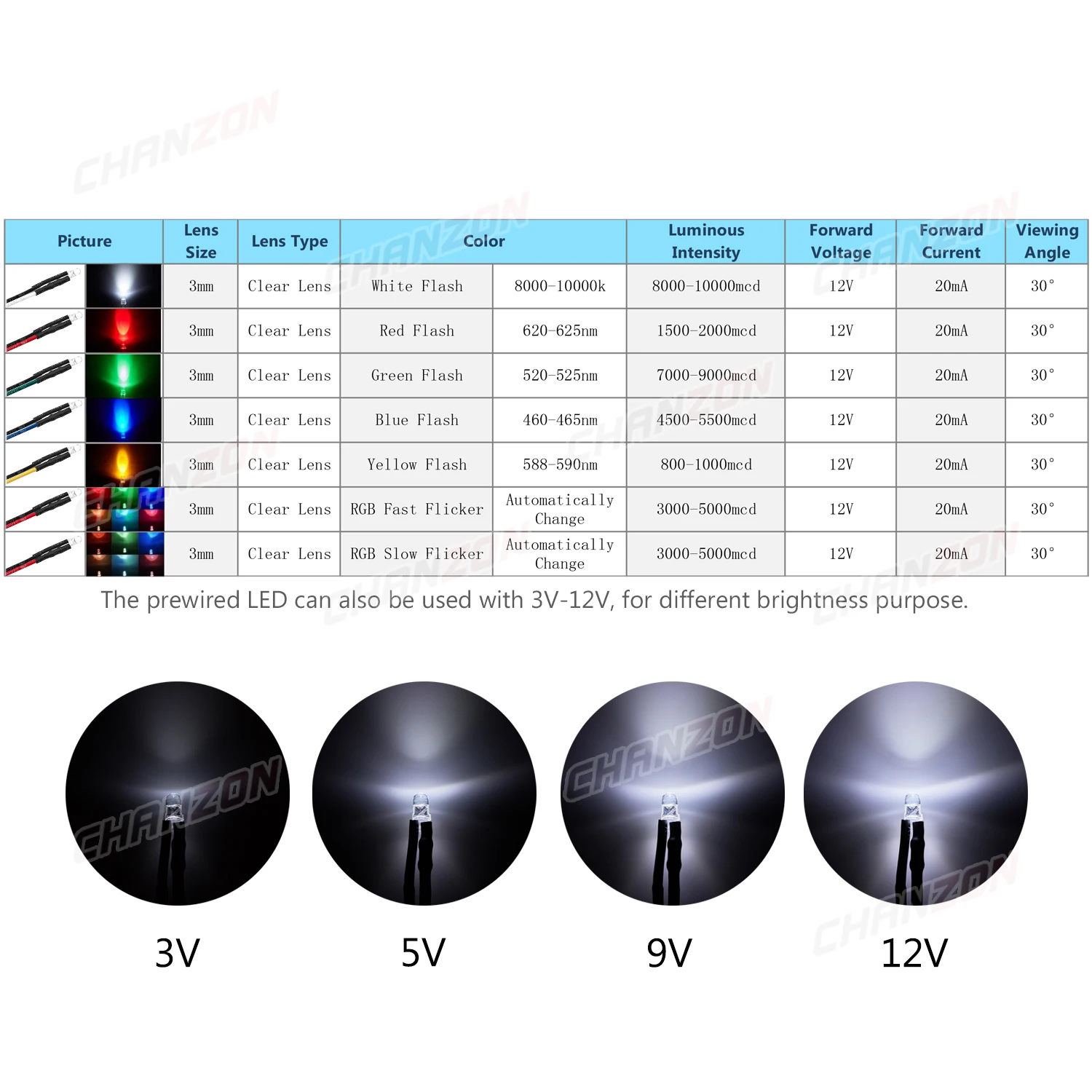 20Pcs 3mm LED Diode 12V White Red Green Blue Yellow RGB Fast Slow Flash Blinking Prewired 5 9 12 V Light Emitting Indicator Lamp