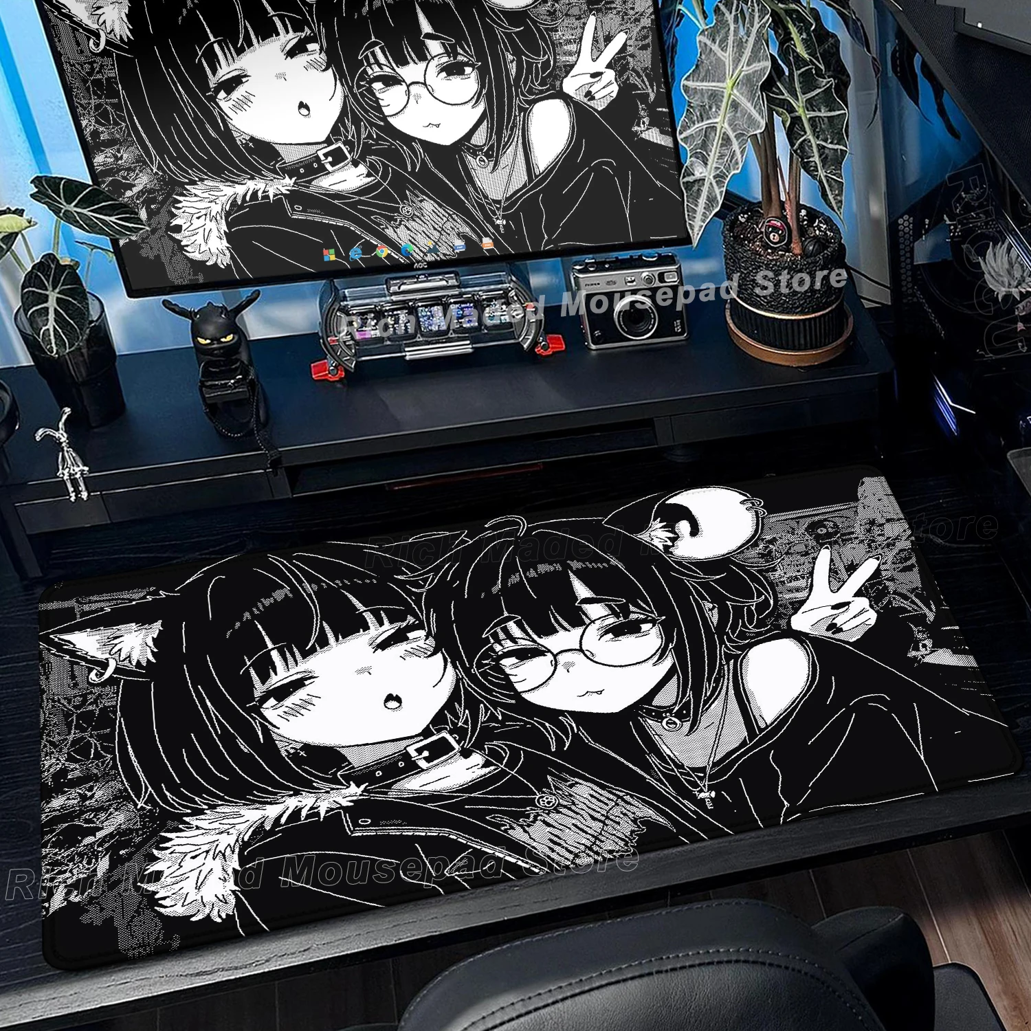 Alas Mouse Anime Hitam Putih Ukuran Besar untuk Gaming, Anti Selip, Alas Keyboard, Alas Laptop, Alas Meja Komputer, Pinggiran Terkunci, Karpet Mouse Y2K