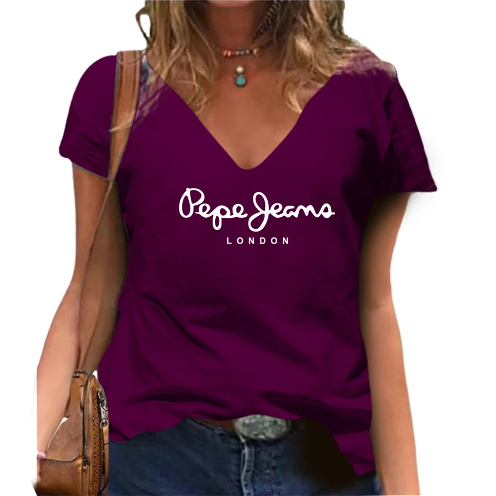 Damska koszulka T-shirt oversize z krótkim rękawem, gładka, z kwiatowym nadrukiem, dekolt w serek, letnia koszulka damska Y2K