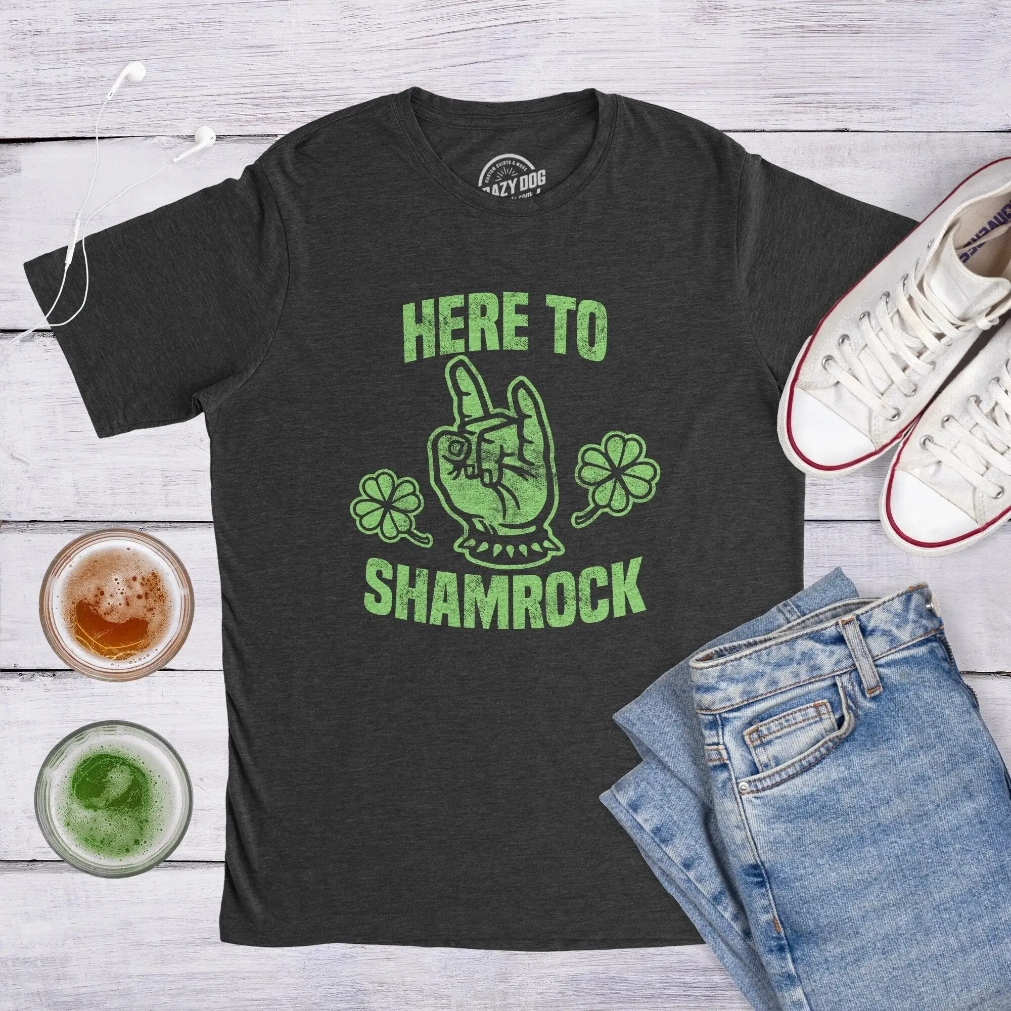 Here To Shamrock Saint Patricks Day T Shirt Shenanigans Rock And Roll Mens Metal Head Funny