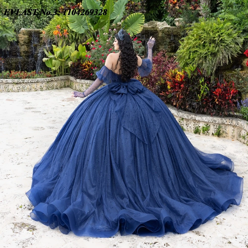 EVLAST ที่กําหนดเองเม็กซิโกสีขาว Quinceanera Ball Gown Applique คริสตัลลูกปัดโบว์รัดตัวหวาน 16 Vestido De 15 Anos E3Q244