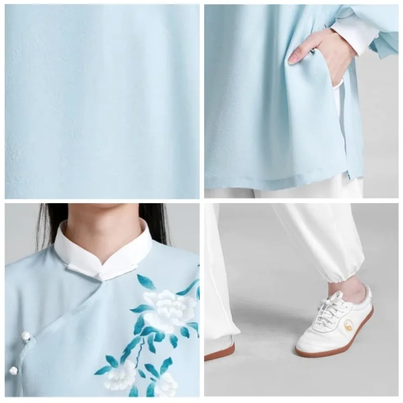 Kung Fu Dress Wushu Clothing Martial Art Uniform Tai Chi Clothes Girl Women Kun Master Hand-painted  New Style Light Blue