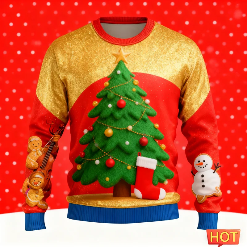 2026 موضة جديدة للرجال سترة عيد الميلاد القبيحة العصرية الشارع الشهير ثلاثية الأبعاد مطبوعة عيد الميلاد بلوزات عادية المتضخم عطلة البلوفرات