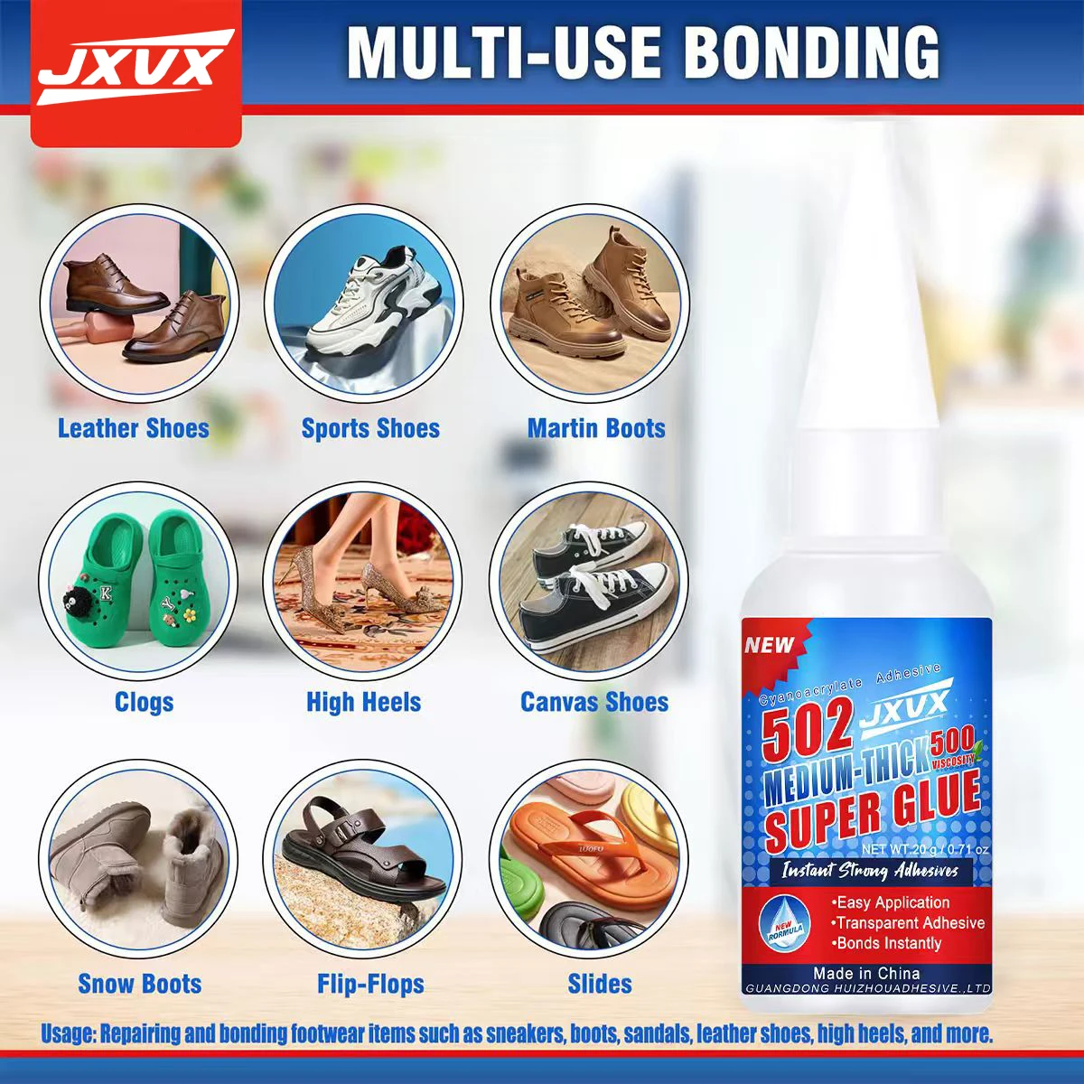 502 Super Cola Extra Forte Líquido Transparente Adesivo Cianoacrilato Reparação de sapatos de viscosidade média, couro, cerâmica, plástico, vidro, metal, madeira, borracha, terracota, modelagem.