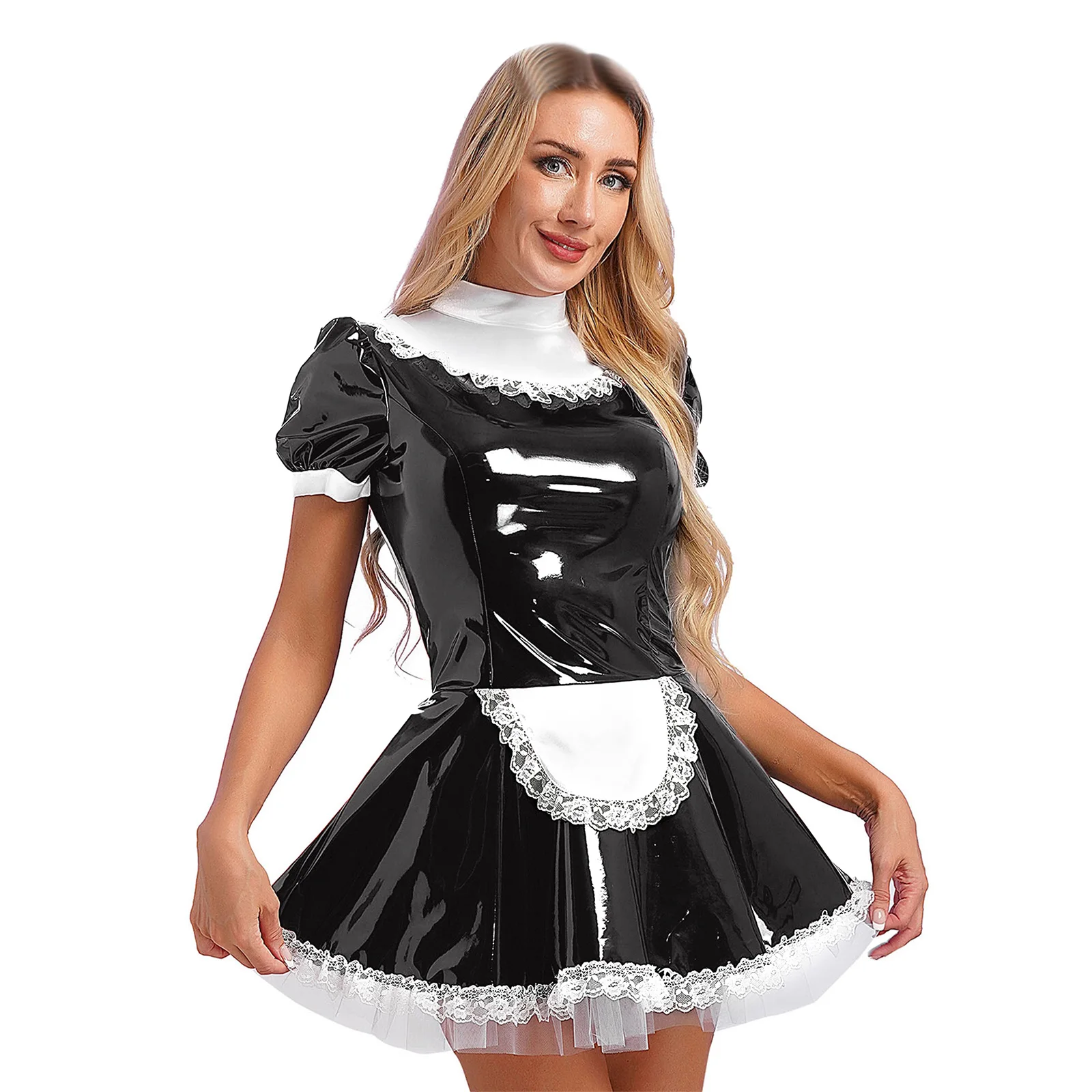 

Women Maid Fancy Dress Cosplay Costume Glossy Wet Look Patent Leather Lace trim Apron Puff Sleeve A-Line Ruffled Dresses Outfit