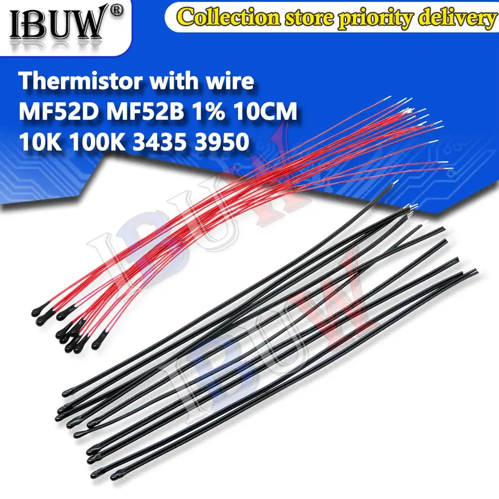 10 sztuk termistor NTC rezystor termiczny MF52B MF52D 10K 100K przewód z paskiem sondy B3950 B3435 1% 10CM czujnik kontroli temperatury