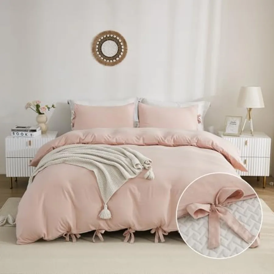 

Pink Duvet Cover Queen 90x90 Inch,3 Pieces (1 Duvet Cover, 2 Pillowcases) Soft Washed Microfiber Bowknot Bow Tie Duvet Cover Se