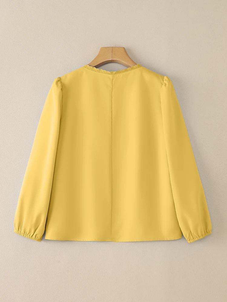 VONDA 2025 秋 韓国風トップス レディース リボン Vネック エレガントブラウス おしゃれシャツ パフスリーブ ボタン 無地 チュニック ホリデーブラウス