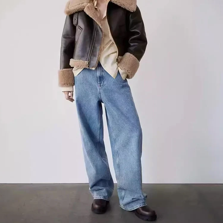 معطف نسائي مزدوج الجوانب من الجلد والفراء Jaet Biker Sle ماركة Z فضفاض مناسب طويل Sve سحاب إغلاق ملابس خارجية شتوية