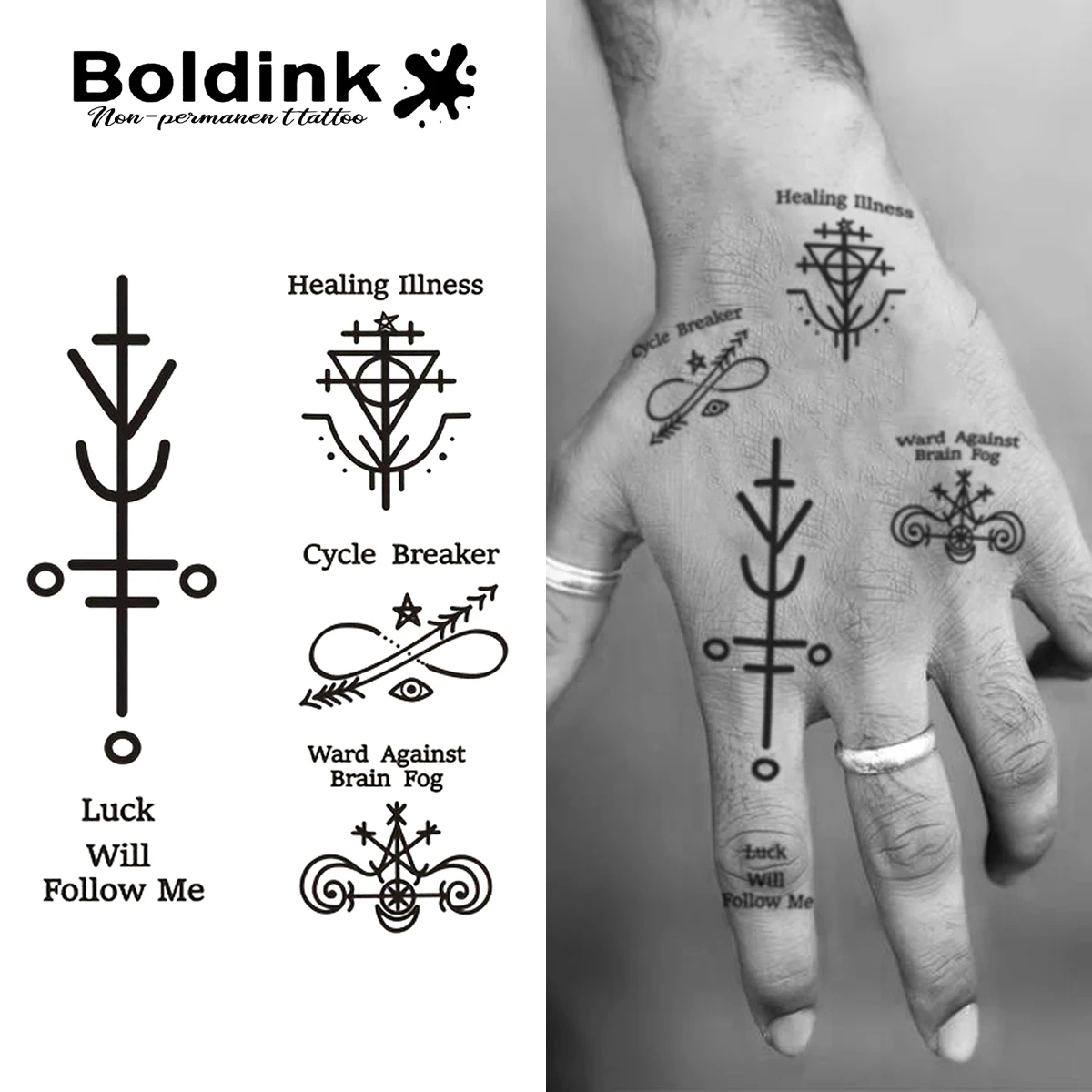 Boldink Mystery Symbol Tattoo Patch Set - Healing/Transporting/Protective Four Piece Set | 1-2 Week Durable Waterproof