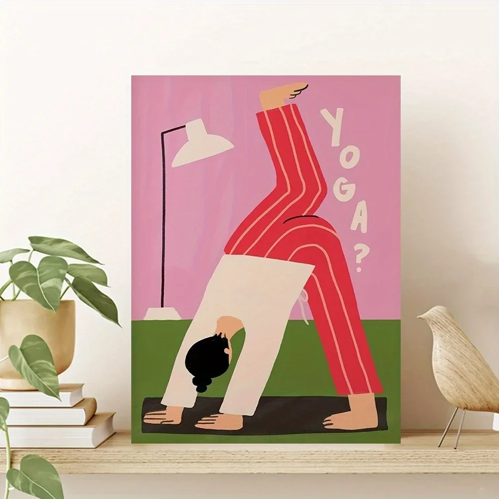 Yoga Downward Dog Canvas Print – Minimalist Art, Pink & Green Tones, Frameless 12×16 Inches, for Home Gym Office Decor
