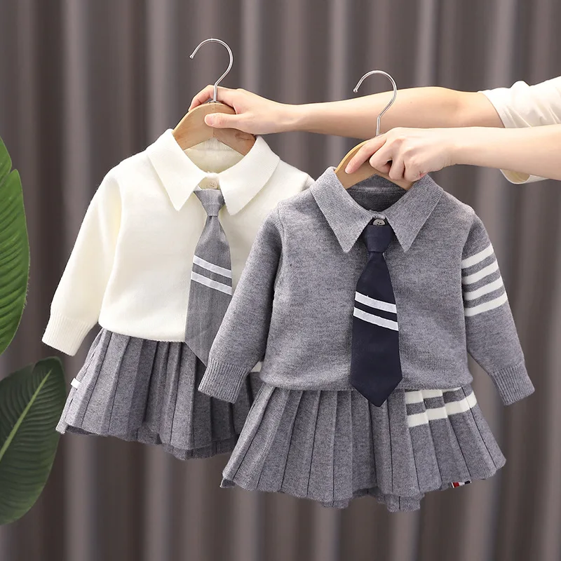 Infant Baby Girl Autumn Winter 2PCS Clothes Set Turn Down Collar Solid Knitted Sweater Tie Cotton Pleated Skirts Kid Girl Outfit