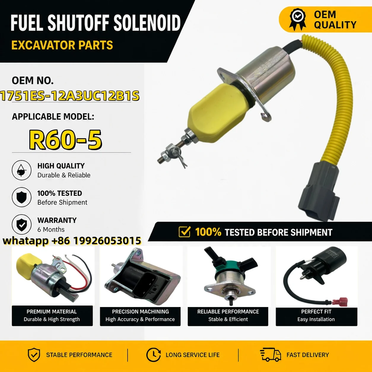 1751ES-12A3UC12B1S Fuel Shut Off Solenoid for Hyundai Excavator R60-5 R210-5 R335-7 For Yanmar engine 12V