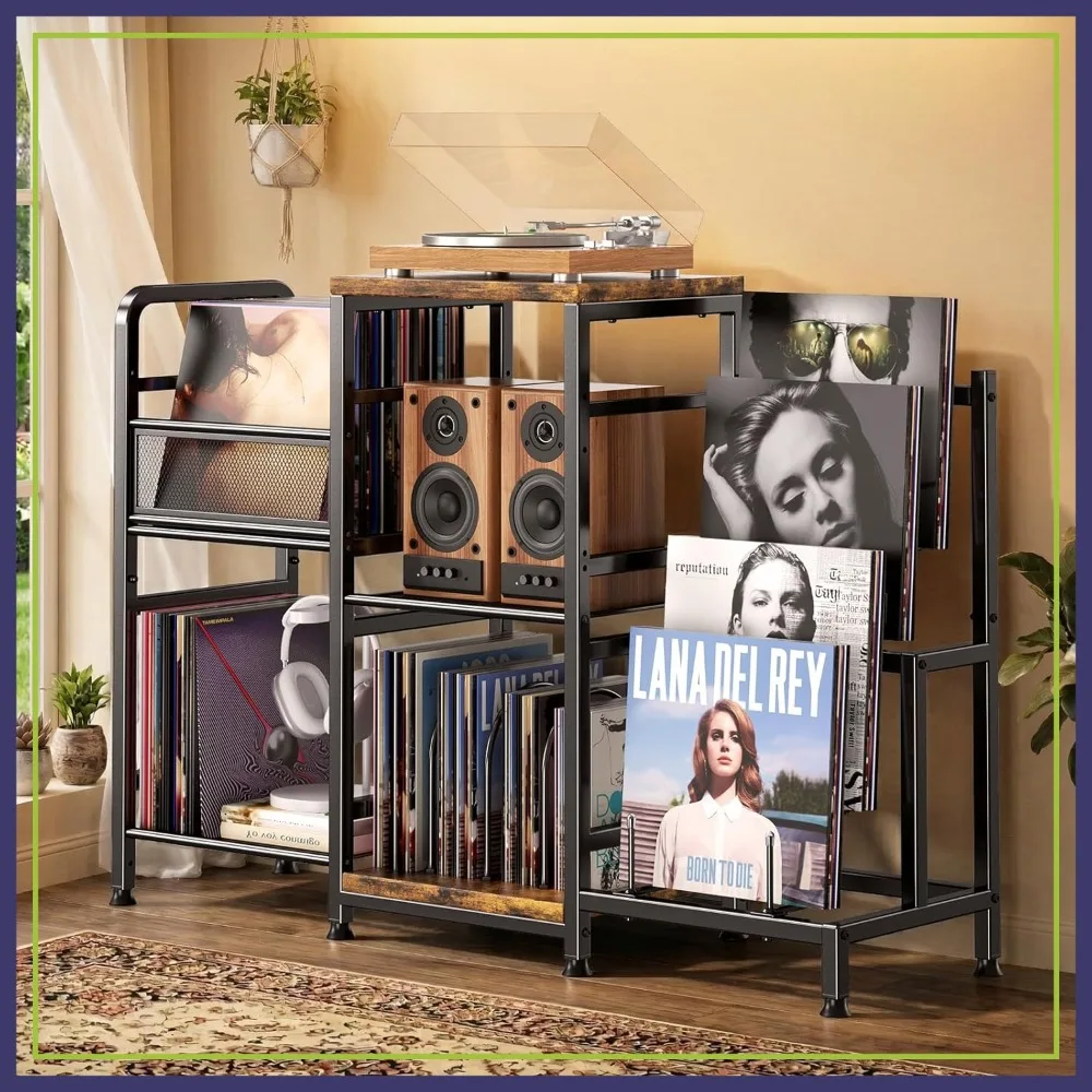

Large Record Player Stand, Holds 400+ Vinyl Records, 3-Tier Turntable Cabinet with Display Shelf, Multifunctional Media Console Table for Stereo