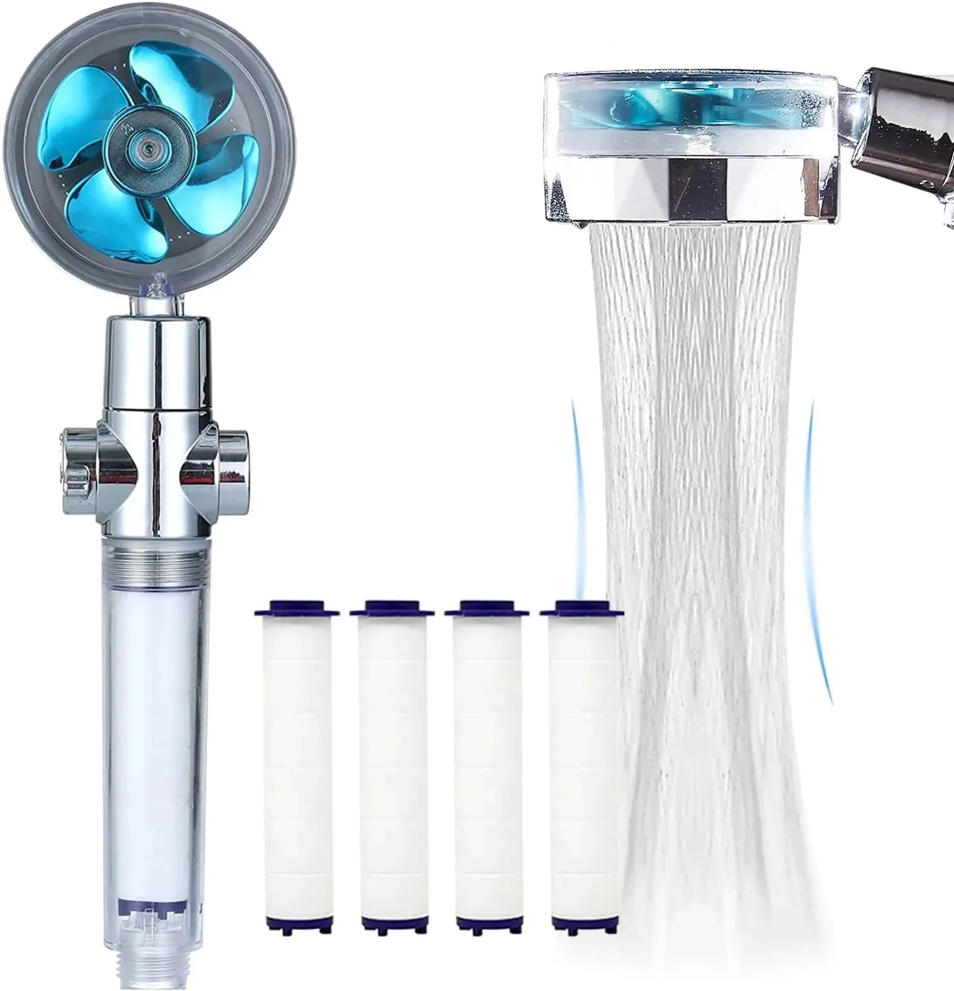 New Propeller Driven Fan Shower Head with Stop Button and Cotton Filter Turbocharged High Pressure Handheld Shower Nozzle