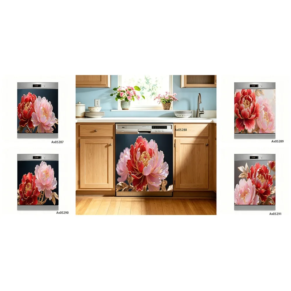 Elegant Golden Trim Peony Flower Dishwasher Sticker Full Door Wrap Wallpaper Customize Home Decoration Door Poster Stickers