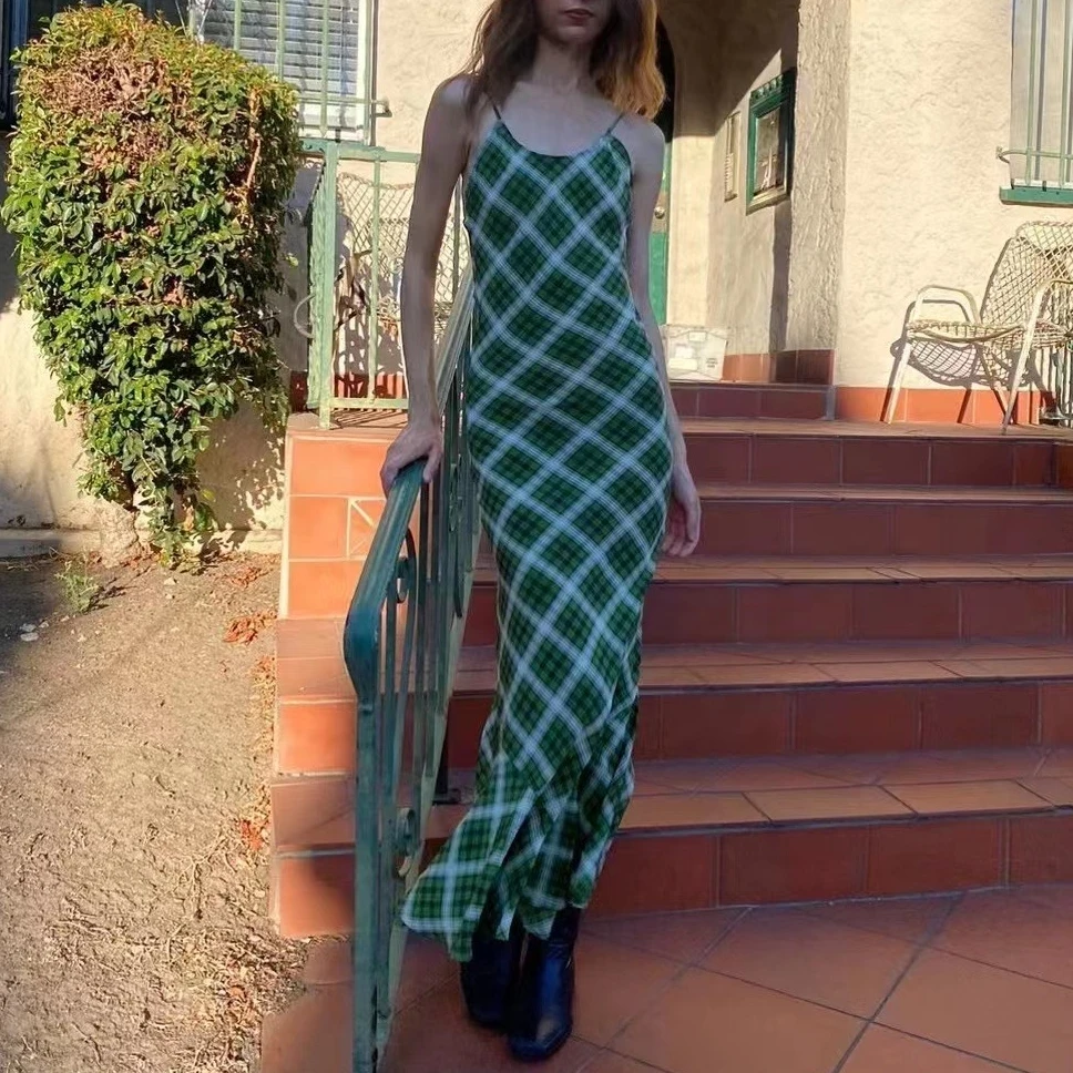 

100% Silk Women Strapless long dress Plaid Printed Slim Fit Long Dress 2023 new