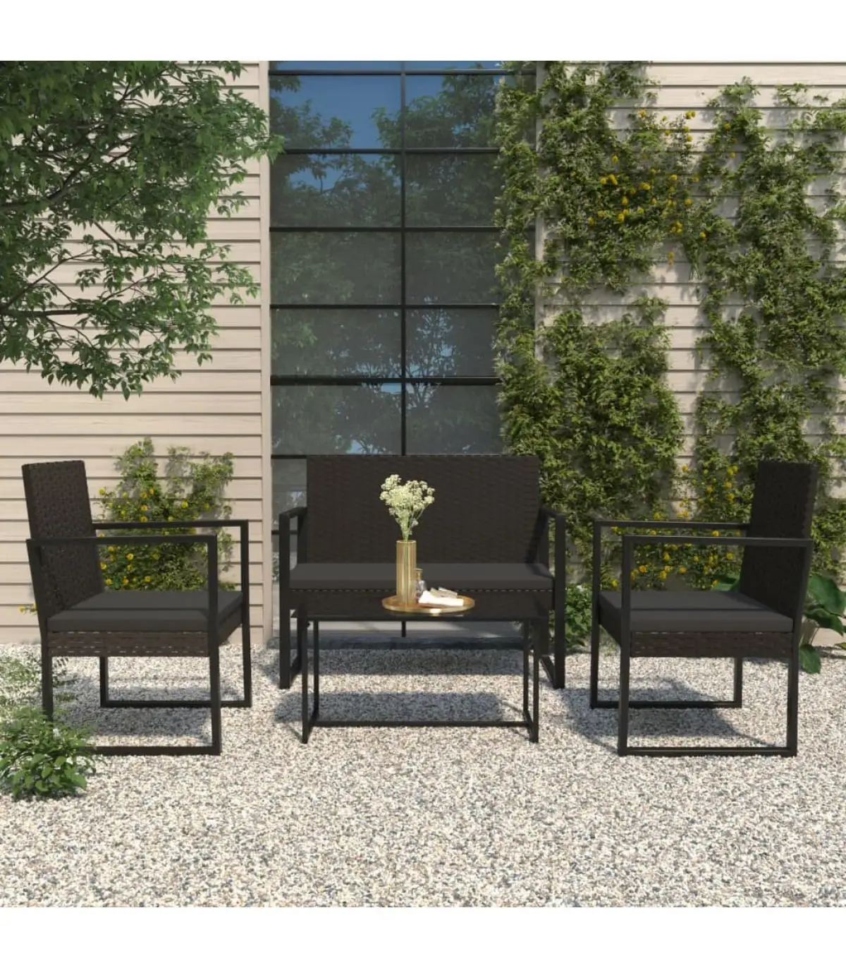 Outdoor sofas garden furniture Set 4 PCs and black synthetic rattan cushions