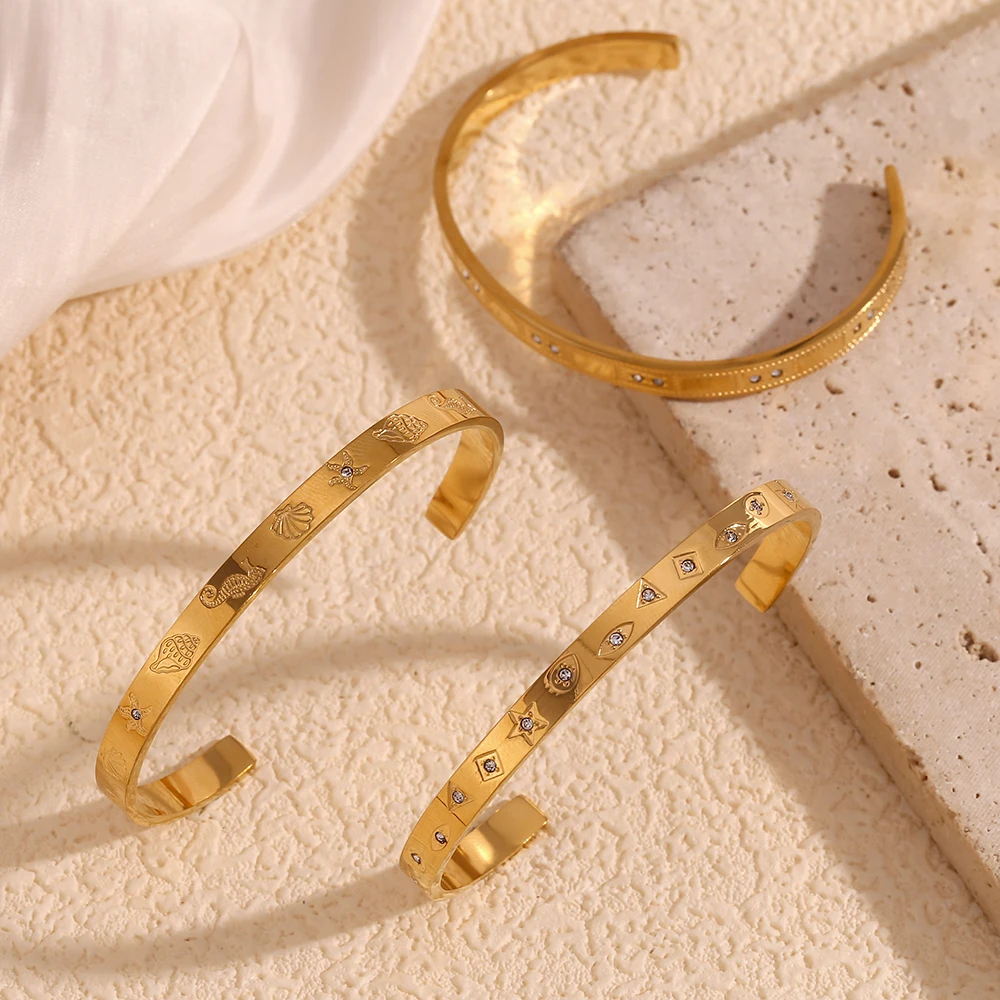 E.B.belle Stainless Steel PVD Plating Waterproof Hypoallergenic Gold Color Shell Sea Animal Star Moon Cuff Bangles Bracelets