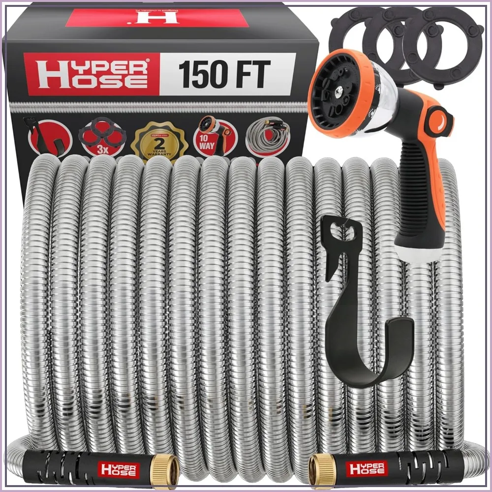 

150ft Heavy Duty Stainless Steel Garden Hose Set - No Kink, Leak Proof, 10 Pattern Nozzle