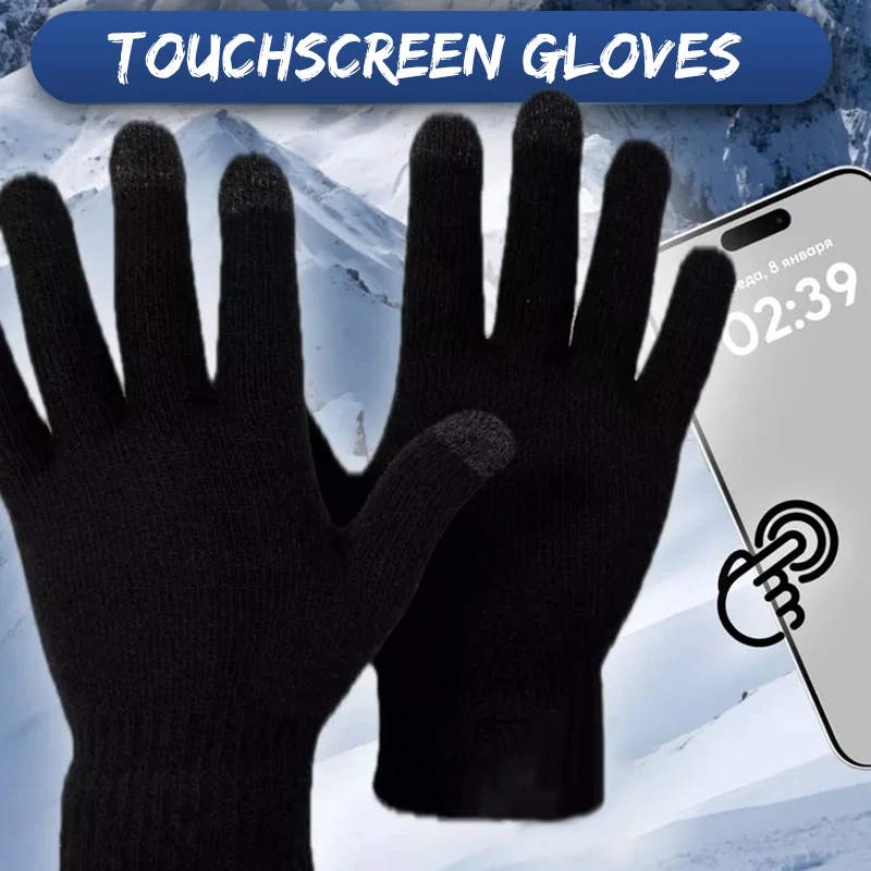 1Pair Polyester Knitted Touchscreen Gloves Winter Thermal Windproof Thickened Anti-Slip For Men Outdoor Cycling Running